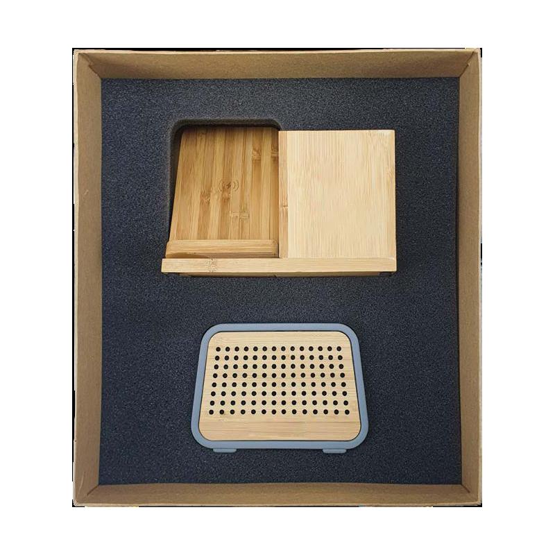 WGS-16 - Natural Cardboard Gift Box With Bamboo Pen Holder With Wireless Charger & Speaker
